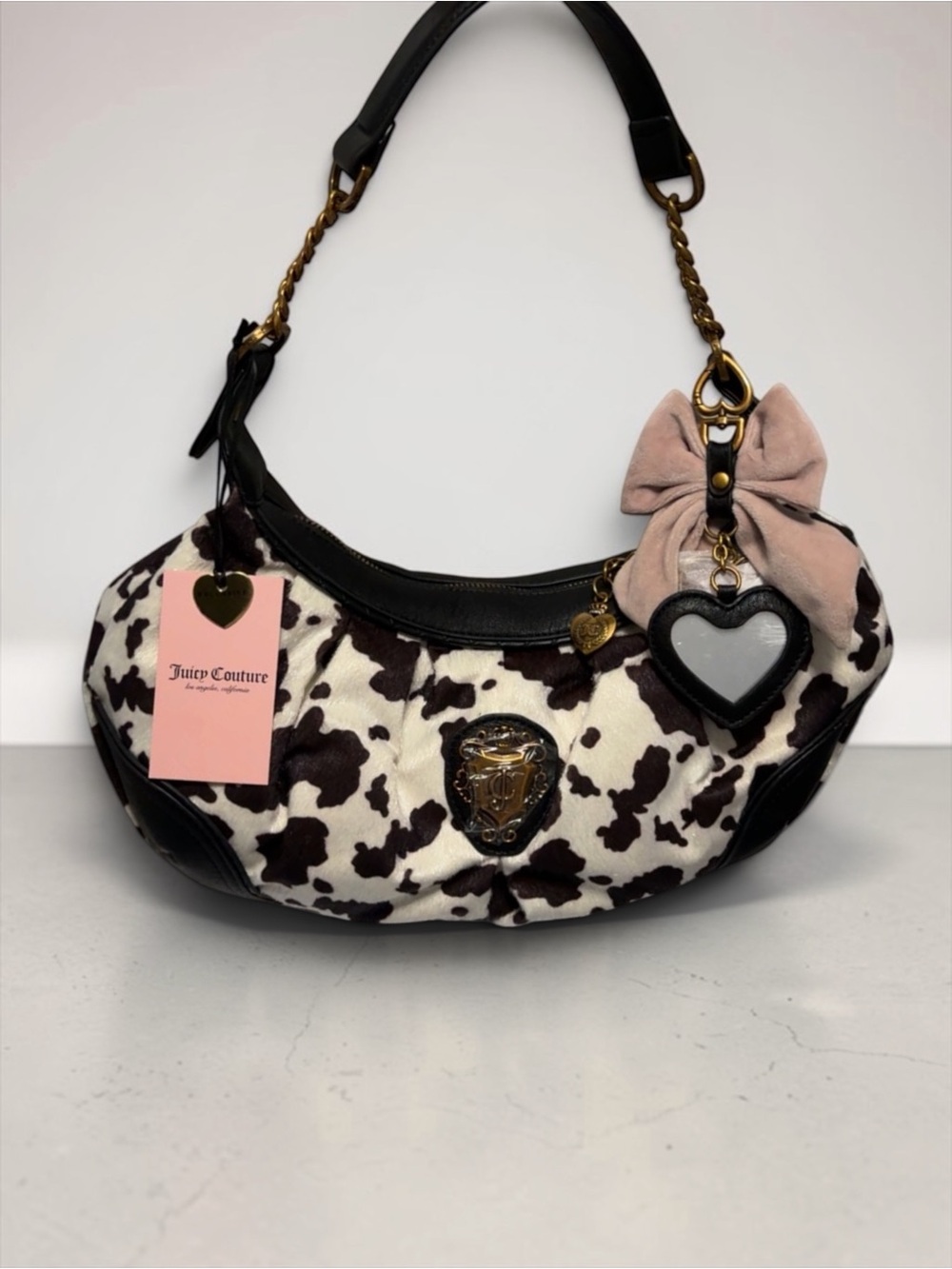 Juicy Couture Brown & White Cow Print Shoulder Bag with Pink Bow Charm